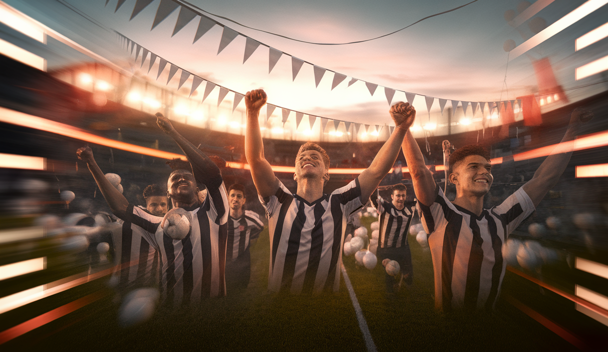 Scène émotive de célébration de joueurs de football sur un terrain