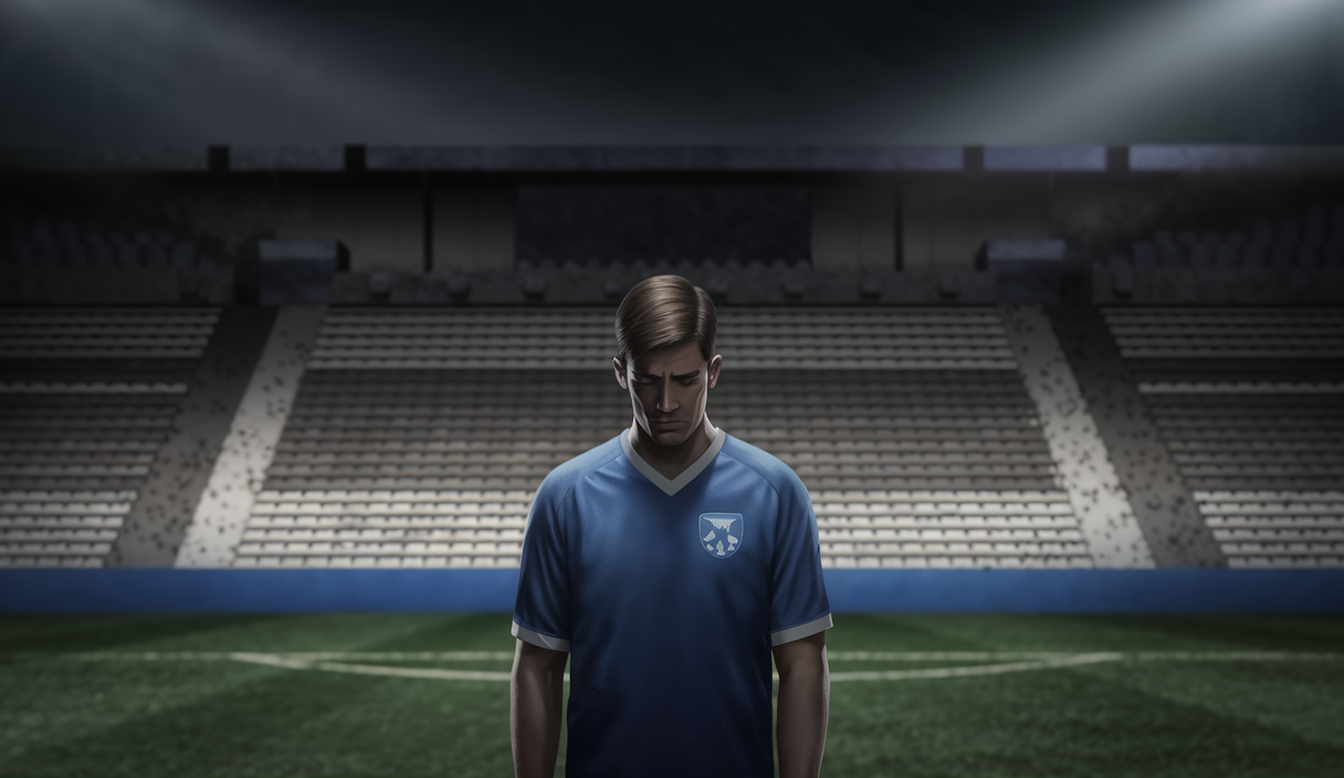 Joueur de football attristé dans un stade vide illustrant les difficultés financières et organisationnelles d'un club