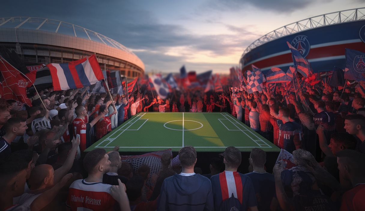 Image vibrante représentant l'engagement des supporters de football d'Arsenal et du PSG influençant leur réussite
