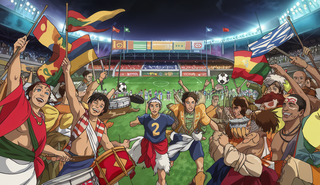 Scène culturelle autour du football avec fans festifs de divers pays