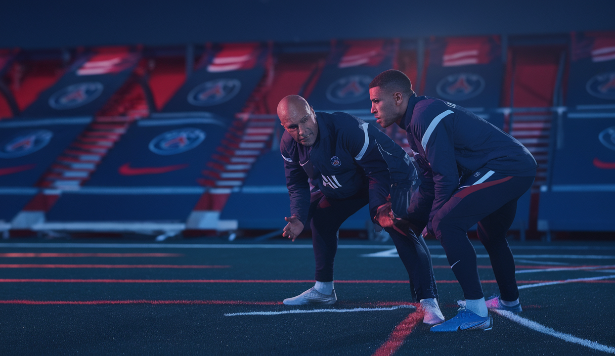 Nuno Mendes et Désiré Doué discutant tactiques au PSG, ambiance professionnelle