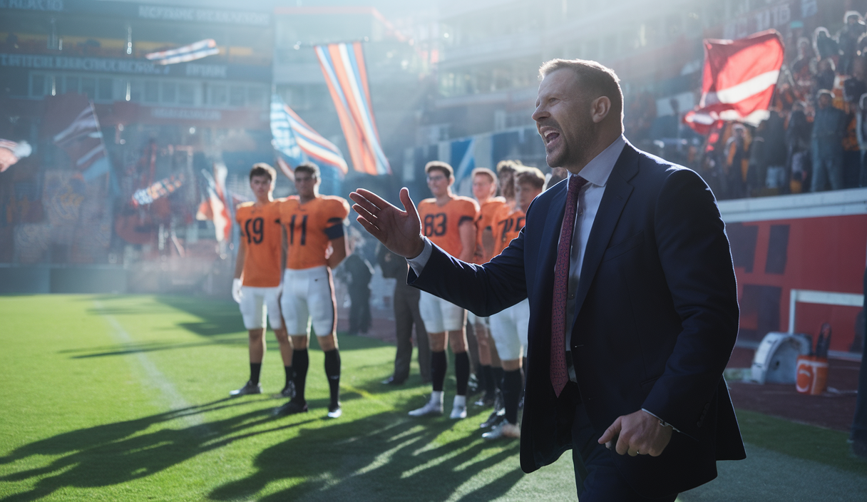 Une scène dynamique de football capturant l'influence des entraîneurs sur leur équipe.