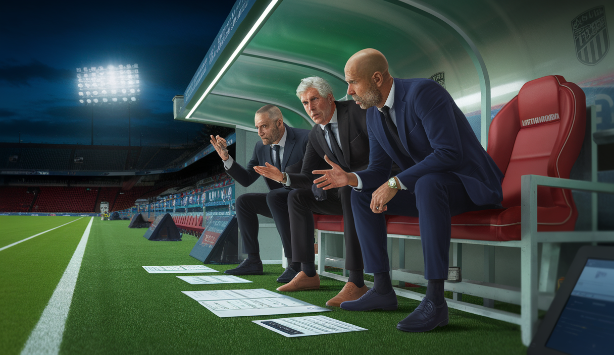 Représentation artistique de trois entraîneurs de football légendaires discutant de stratégies sur un banc de touche.