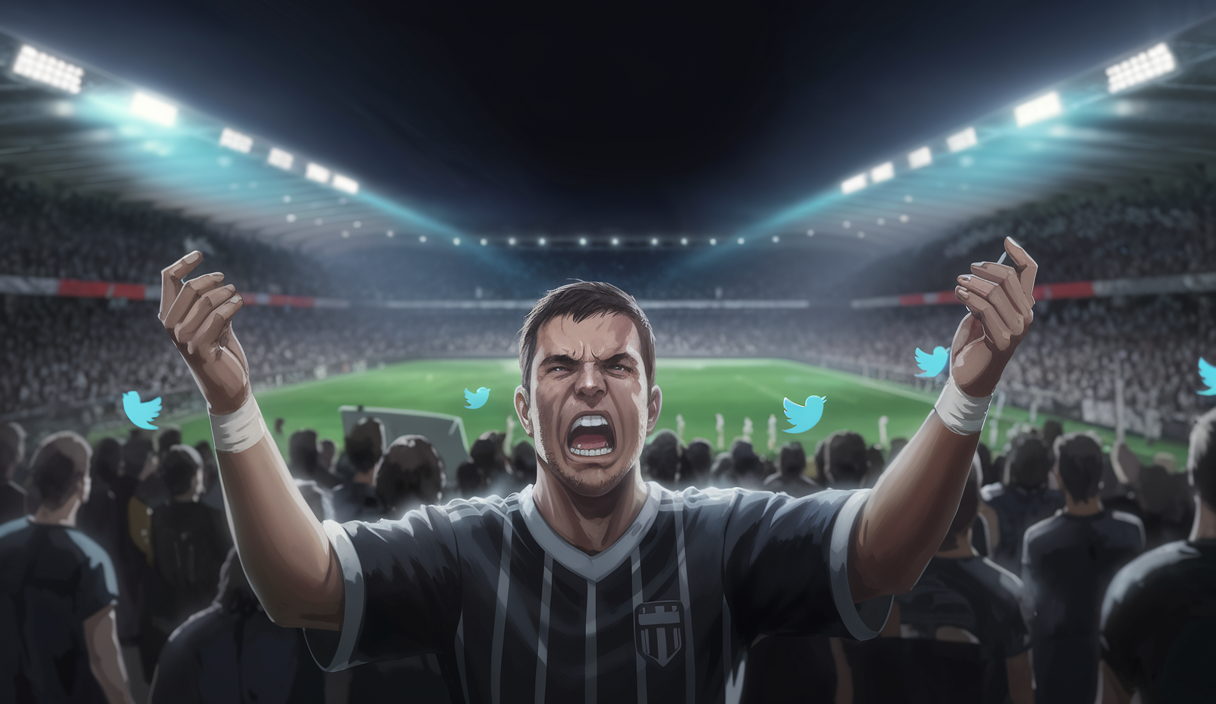 Illustration expressive d'un supporter réagissant à une occasion manquée lors d'un match de football
