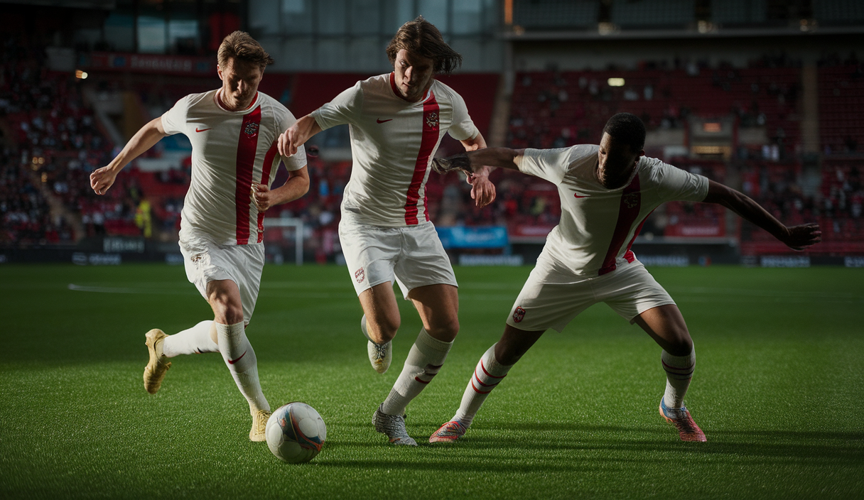Trois footballeurs en action sur le terrain, illustrant excellence et passion.