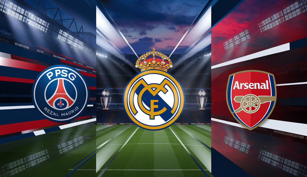 Illustration sportive des performances récentes du PSG, du Real Madrid et d'Arsenal