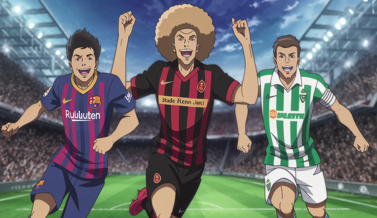Illustration dynamique des joueurs de football Raphinha, Désiré Doué et Borja Iglesias célébrant sur un terrain de football