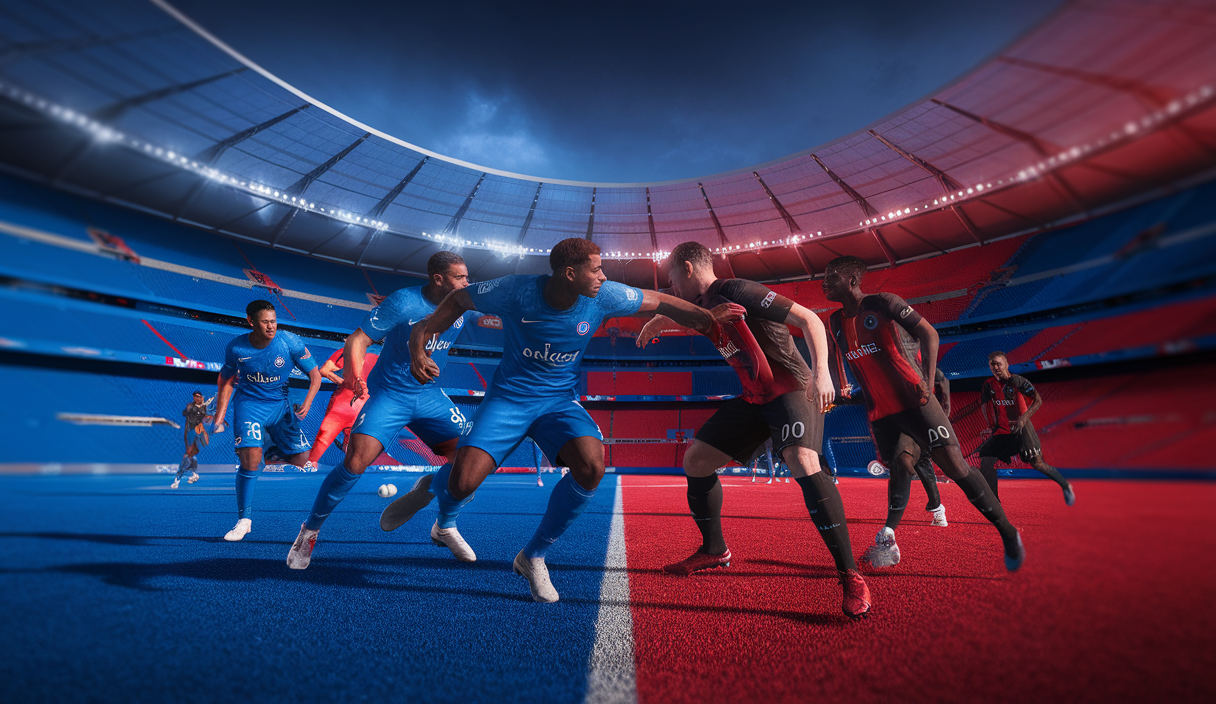 Scène intense de match de football français entre Lyon et PSG symbolisant résilience et défis, illustrée de manière artistique