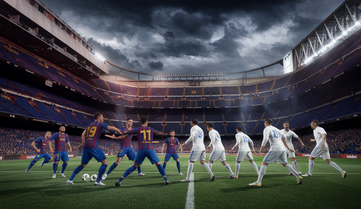 Rivalité intense entre le FC Barcelone et le Real Madrid sur un terrain de football éclairé.