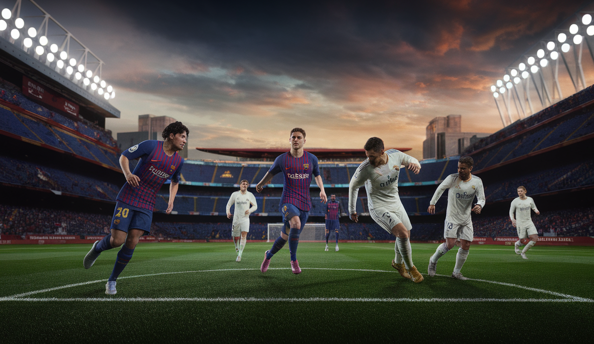 Scène dynamique de rivalité historique entre le FC Barcelone et le Real Madrid en football.
