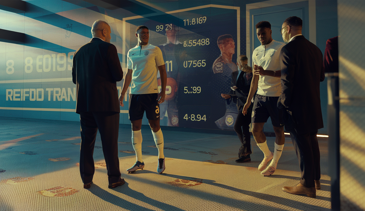 Scène de transferts estivaux de football avec joueurs et agents en discussion