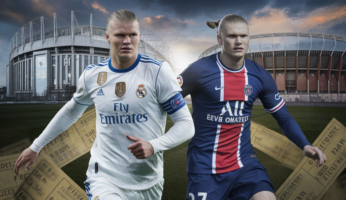 Image illustrant les ambitions de transfert du Real Madrid et du PSG autour de Haaland.