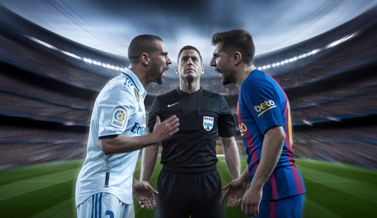 Illustration vibrante d'une controverse arbitrale entre le Real Madrid et le FC Barcelone