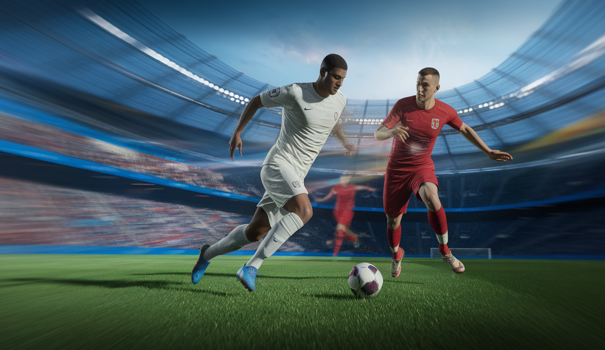Illustration dynamique de Lamine Yamal et Djordje Mihailovic en action sur le terrain de football.