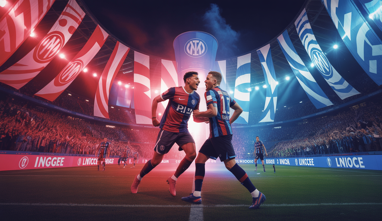 Visuel vibrant de la finale de la Ligue des Champions 2025 entre le PSG et l'Inter Milan à Munich