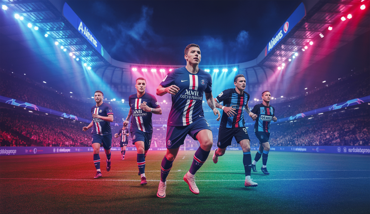 Illustration spectaculaire de la finale de la Ligue des Champions 2025 entre le PSG et l'Inter Milan à l'Allianz Arena de Munich.