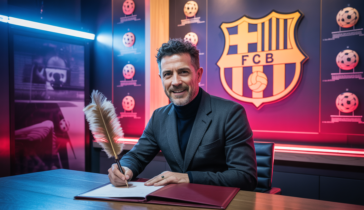 Entraîneur Hansi Flick signant la prolongation de son contrat au FC Barcelone