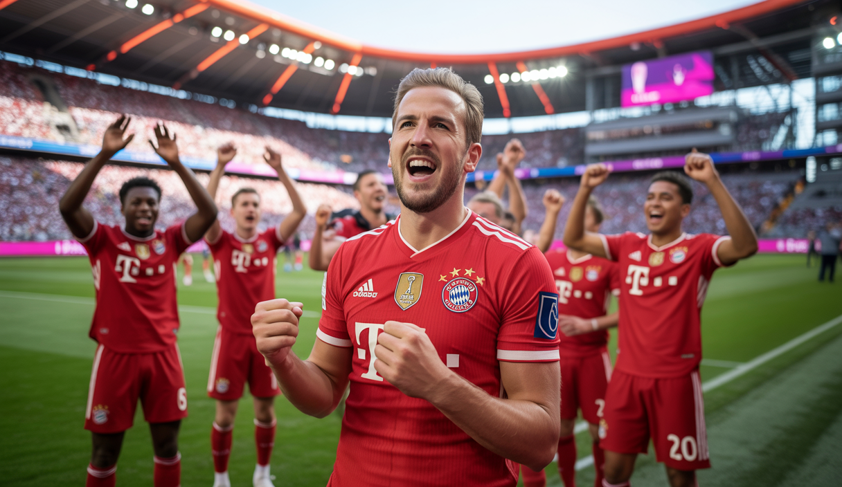 Harry Kane célébrant un triomphe en Bundesliga avec le Bayern Munich