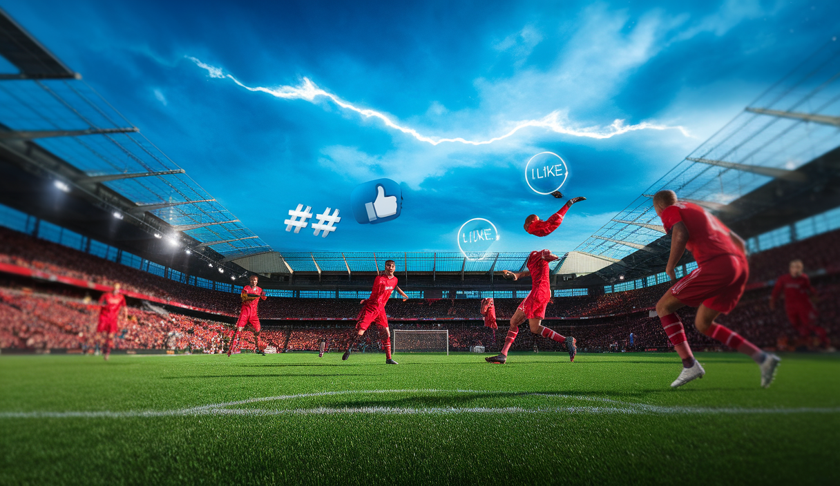 Joueurs de football interagissant avec une foule de fans connectés via des médias sociaux