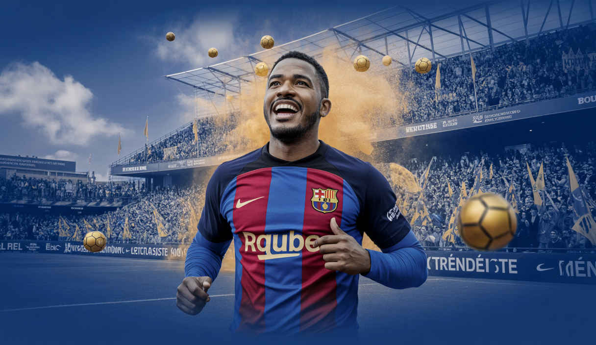 Illustration dynamique de Lamine Yamal, prodige du FC Barcelone, célébrant un succès en Ligue des champions