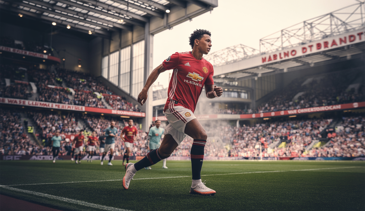 Image vibrante et dynamique illustrant Manchester United combinant histoire et modernité.