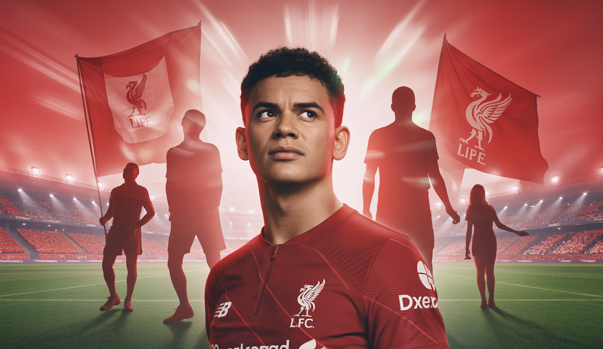 Milos Kerkez en tenue de joueur de Liverpool, entouré d'une ambiance sportive dynamique.