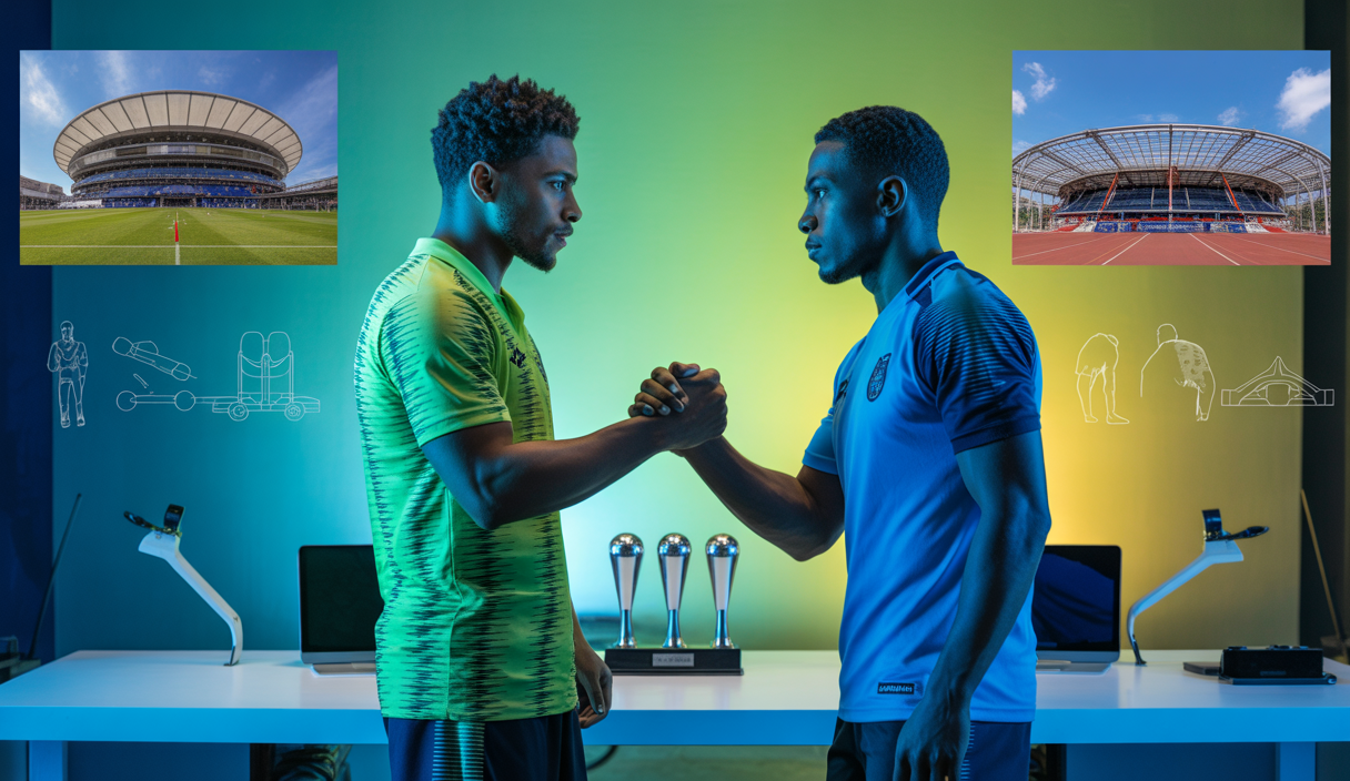 Deux footballeurs en pleine négociation de transfert, illustrant les intérêts et perspectives pour la saison prochaine.