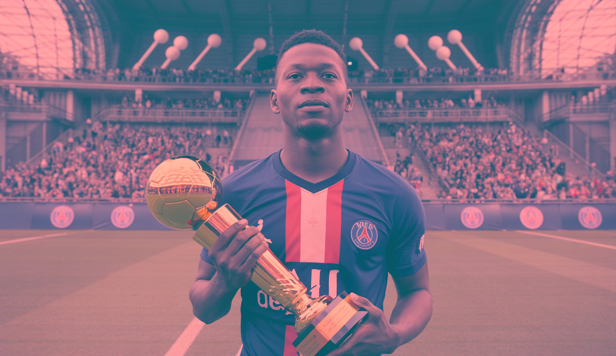 Illustration d'Ousmane Dembélé, nommé meilleur joueur de Ligue 1 2025, célébrant avec le maillot du PSG.