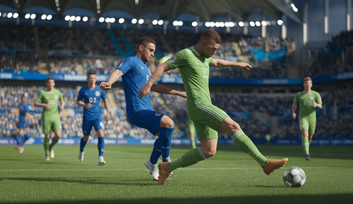 Joueurs de football en action sur le terrain, incarnant motivation et ambition