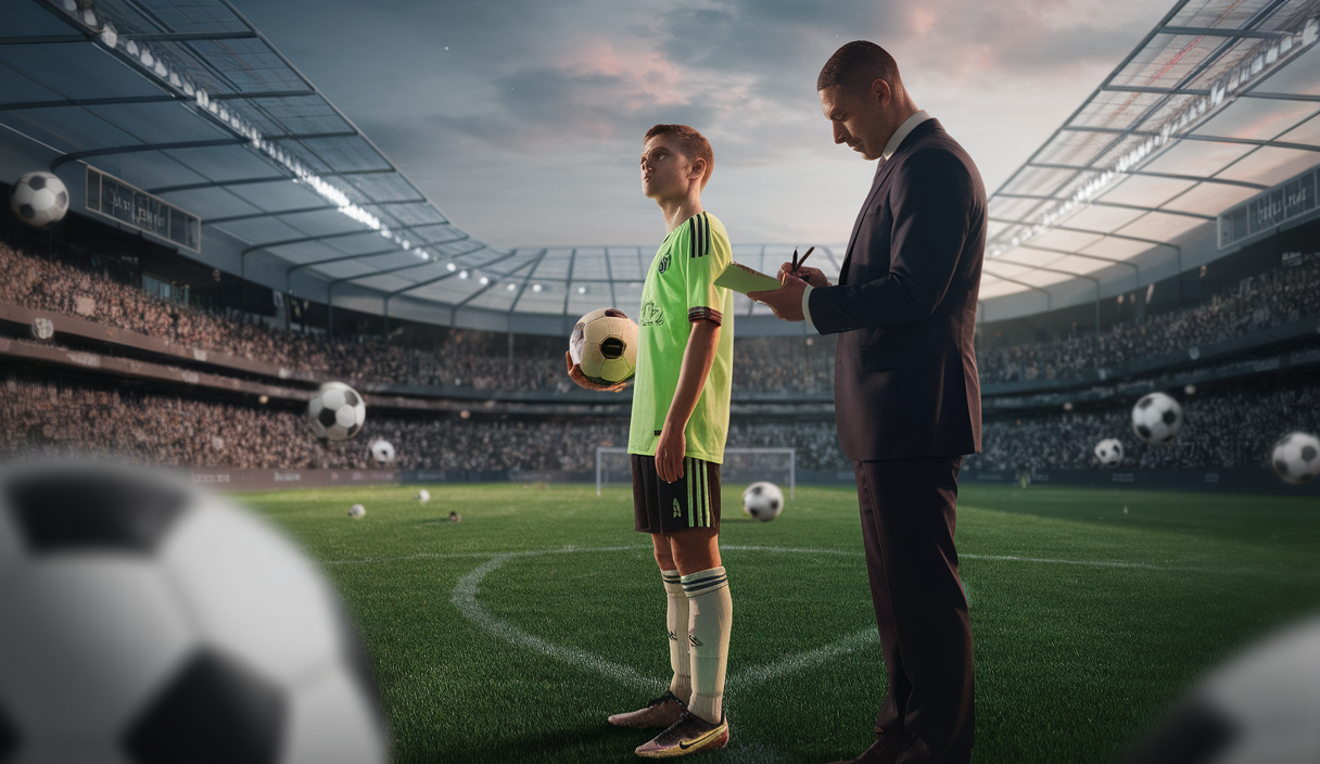 Jeune talent de football vu par un recruteur, ambiance dynamique et professionnelle