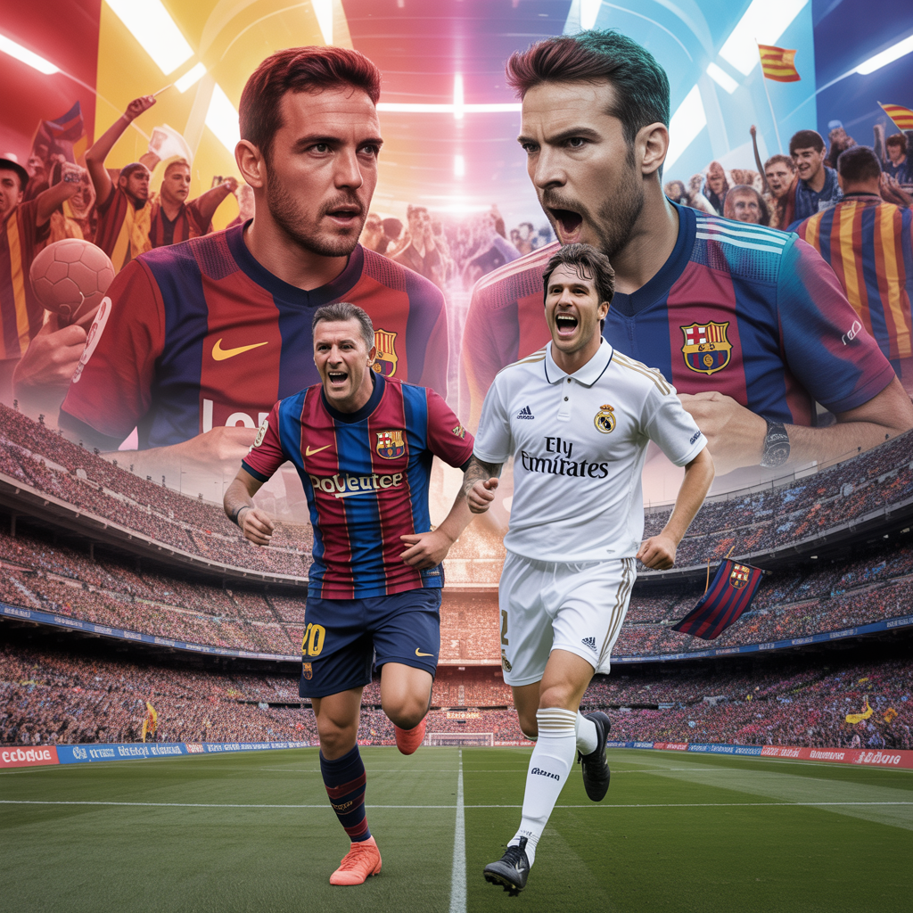 Illustration intense et dynamique d'une rivalité de football entre le FC Barcelone et le Real Madrid