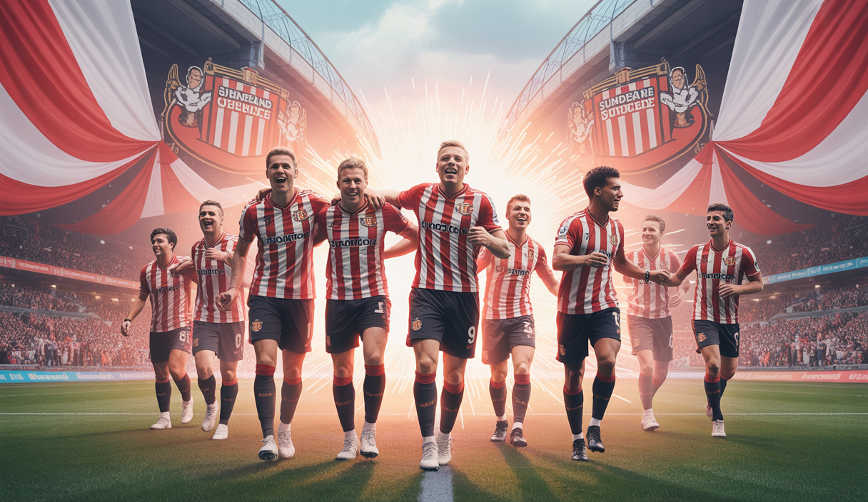 Illustration vibrante de Sunderland célébrant sa montée en Premier League
