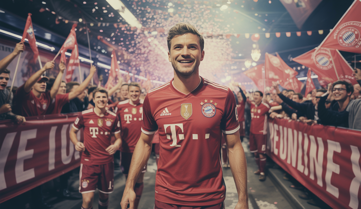 Thomas Müller célébrant son dernier match avec le Bayern Munich, entouré d'une atmosphère de célébration et de nostalgie.