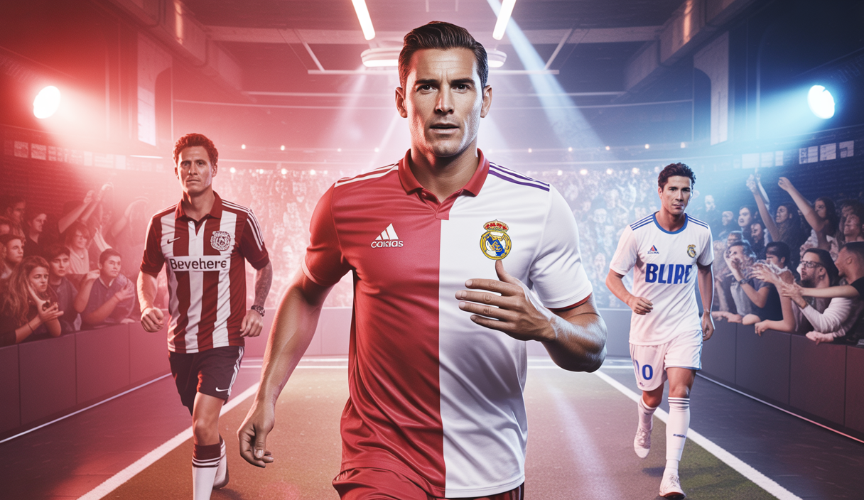Illustration artistique d'un joueur de football effectuant un transfert symbolique entre deux clubs.