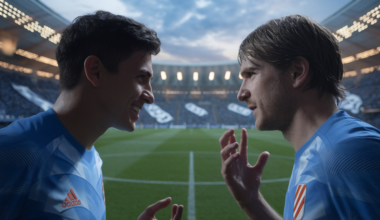 Image dynamique représentant Lucas Vázquez et Luka Modrić en discussion sur le terrain de football du Real Madrid.