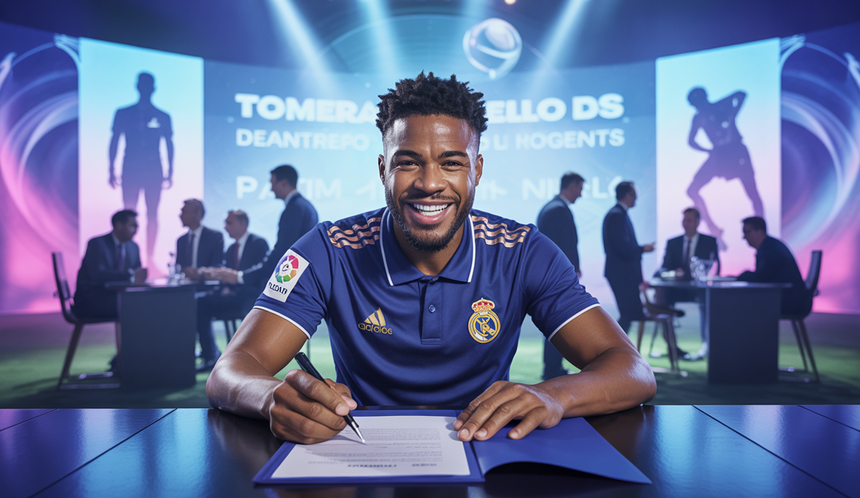 Image éclatante représentant un joueur de football en train de signer un contrat de transfert