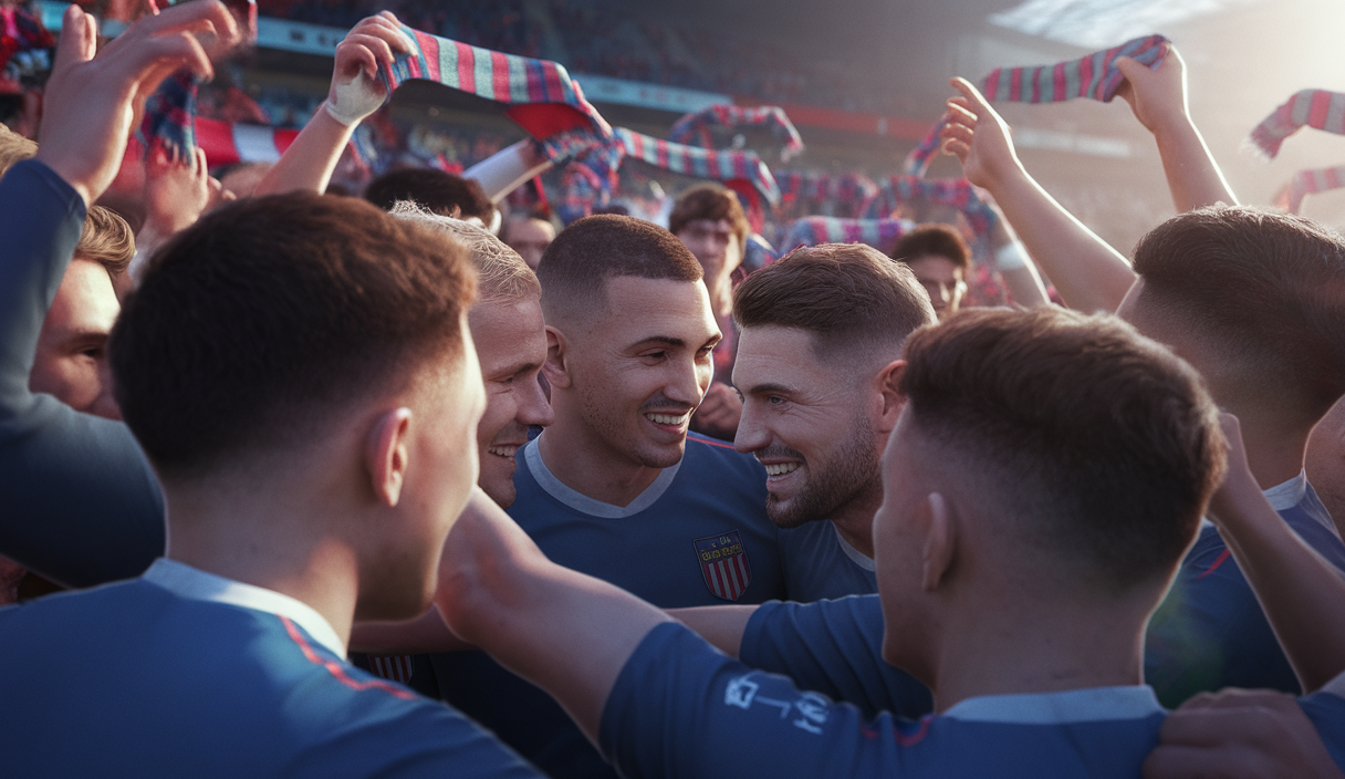 Une scène émotive montrant l'unité et la joie entre joueurs de football et leurs fans.