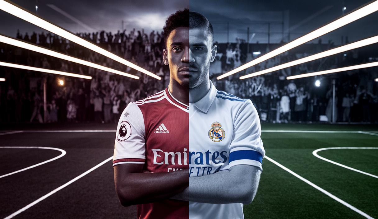 Illustration artistique de William Saliba en transfert potentiel vers le Real Madrid, impactant Arsenal