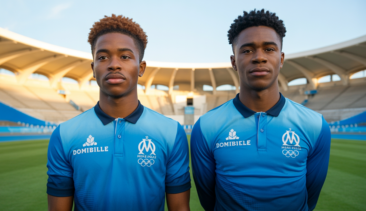 Portraits réalistes d'Angel Gomes et C.J. Egan-Riley en tenue de l'Olympique de Marseille sur fond du stade Vélodrome vibrant avec lumière naturelle en fin d'après-midi