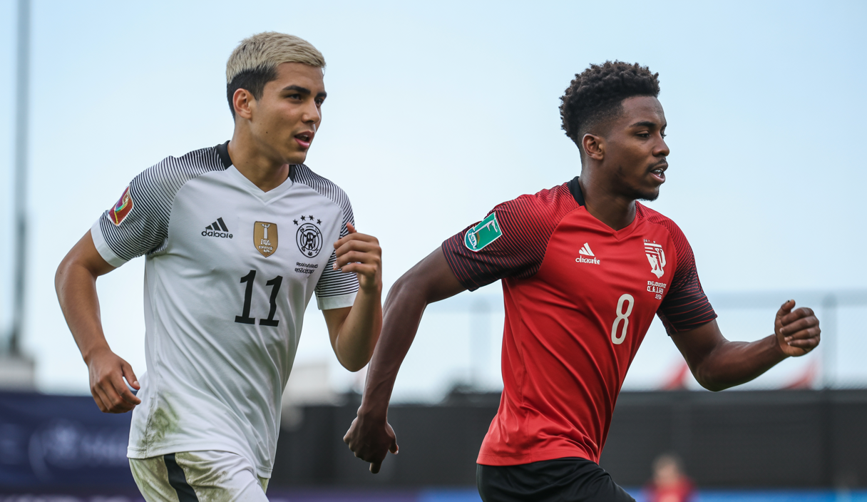 Portrait d'Ansgar Knauff et Djaoui Cissé lors de l'Euro U21 2025, positionnés sur un terrain de football dynamique, vêtus de leurs maillots officiels, sous un ciel clair avec une ambiance sportive et énergique.