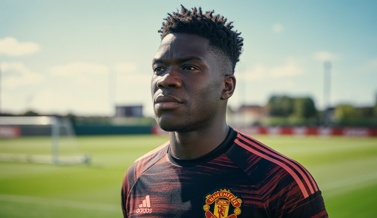 Le gardien André Onana en maillot rouge d'entraînement de Manchester United, concentré, prêt à plonger pour arrêter un ballon lors d'un entraînement en plein jour