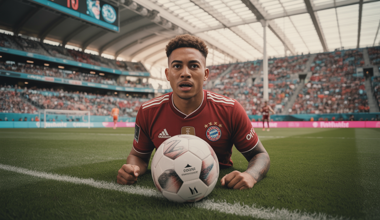 Photo dynamique du match de football opposant Bayern Munich à Boca Juniors lors de la Coupe du Monde des Clubs 2025, montrant un joueur du Bayern en action avec le ballon sous un éclairage intense au Hard Rock Stadium de Miami