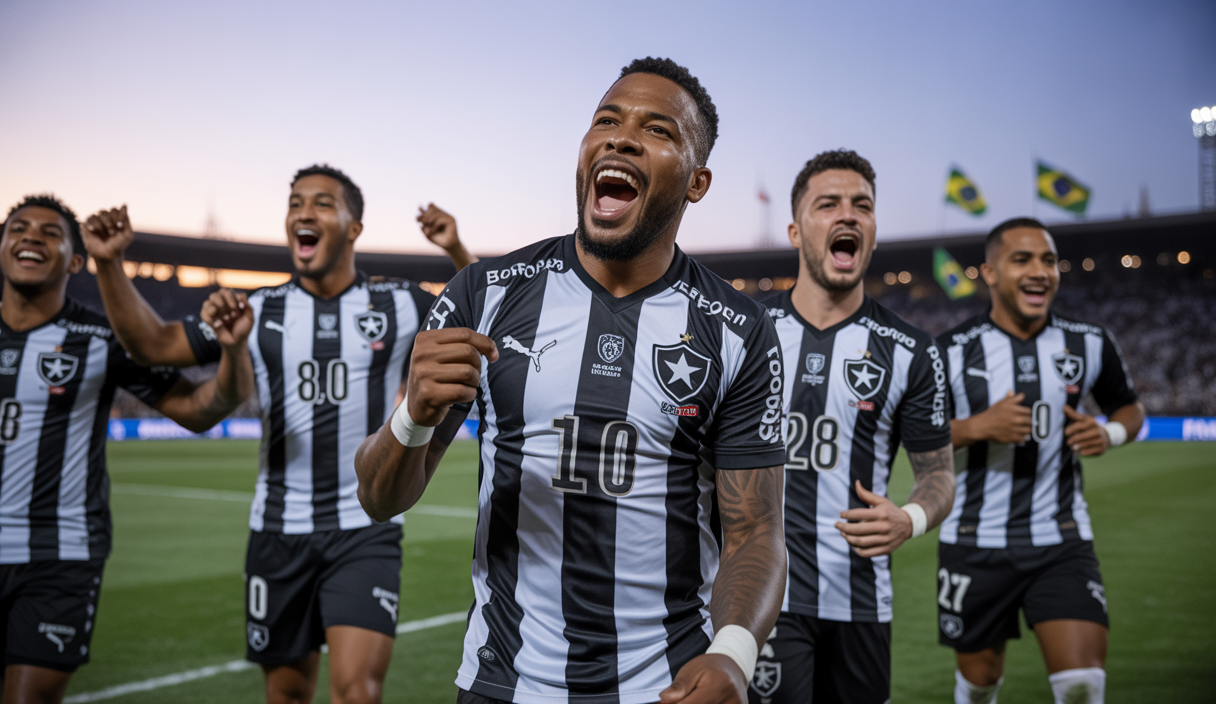 Célébration euphorique des joueurs de Botafogo sur le terrain après leur victoire surprise 1-0 contre le PSG en finale de la Coupe du Monde des Clubs 2025 à Los Angeles.