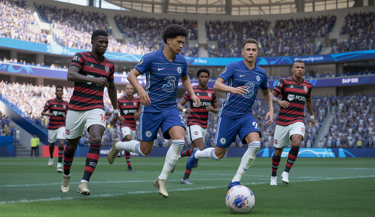 Match de football intense montrant Chelsea affrontant Flamengo lors de la Coupe du Monde des Clubs 2025 avec Chelsea menant au score avant un retournement spectaculaire de Flamengo