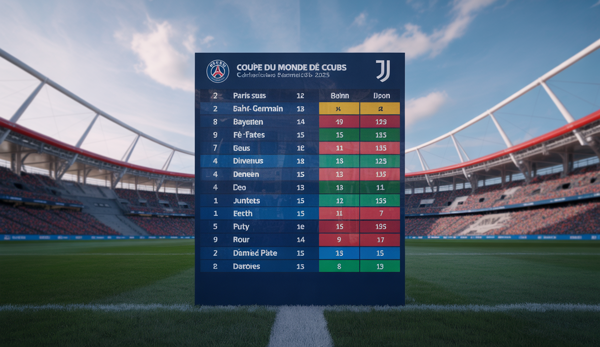 Tableau des résultats, classements et analyses des confrontations décisives de la Coupe du Monde des Clubs 2025, montrant les performances des grands clubs internationaux en pleine compétition aux États-Unis