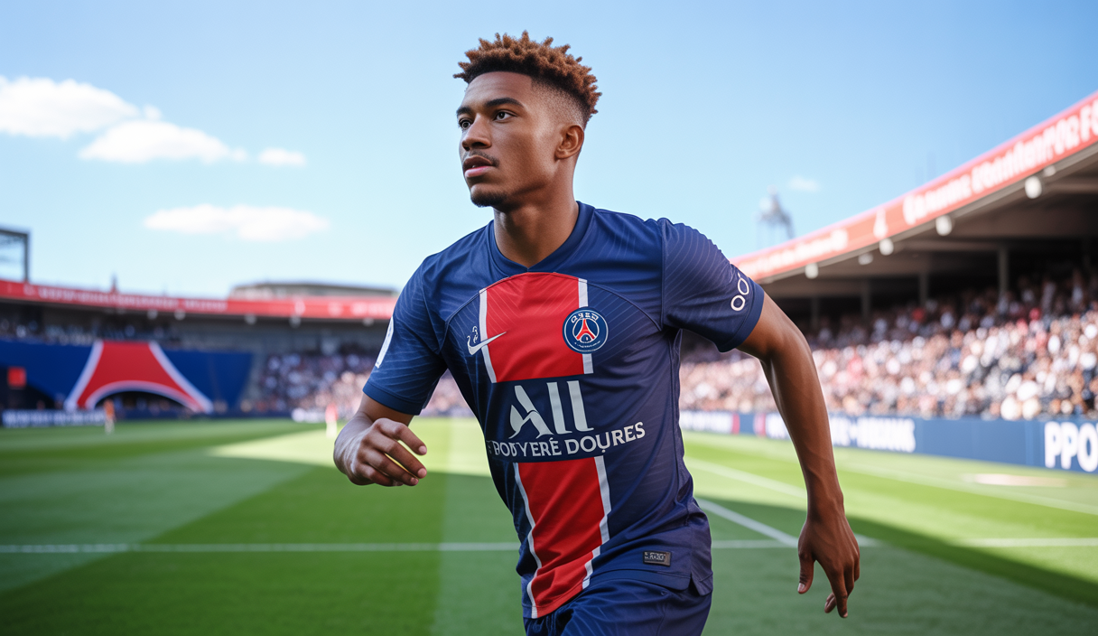 Désiré Doué, jeune milieu de terrain du PSG, en action sur le terrain lors d'un match de Ligue 1, portant le maillot bleu et rouge du Paris Saint-Germain