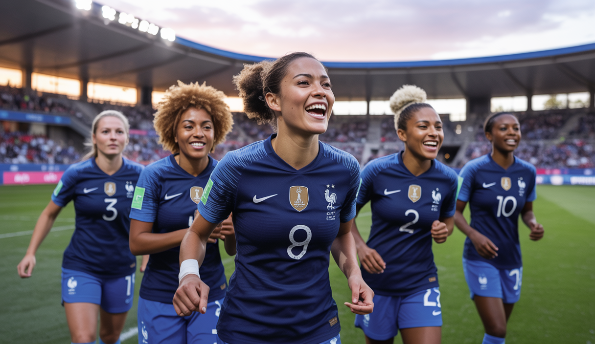 Match de football féminin entre l'équipe de France et le Brésil montrant les joueuses des Bleues célébrant une victoire 3-2 lors d'un match amical à Grenoble avant l'Euro 2025.