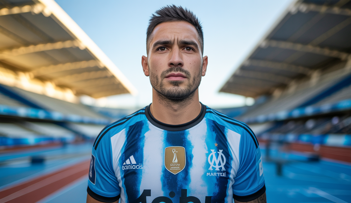 Portrait de Facundo Medina, défenseur central argentin en maillot bleu ciel de l'Olympique de Marseille sur un fond flou du stade Vélodrome avec ambiance de transfert estival