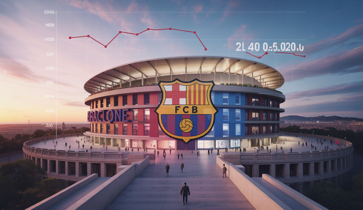 Vue extérieure du Camp Nou rénové au coucher du soleil, symbolisant le redressement financier du FC Barcelone avec un graphique financier en surimpression montrant la réduction de la dette de 420 millions d'euros