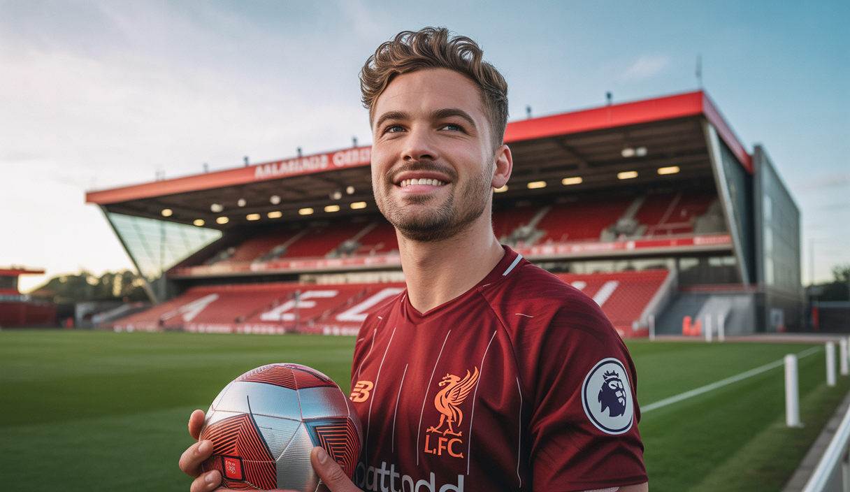 Florian Wirtz en tenue officielle de Liverpool, souriant avec un ballon de football rouge et blanc sous le bras, devant le stade d’Anfield, sous un ciel clair au crépuscule
